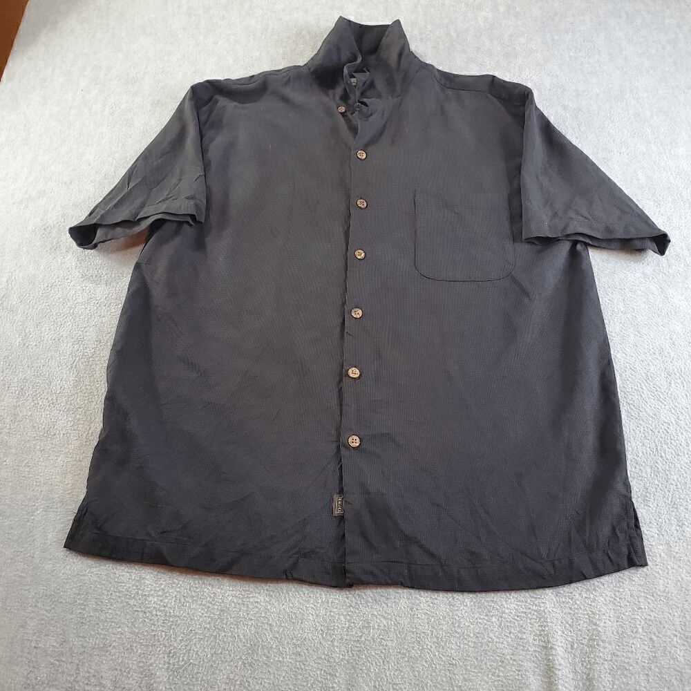 Tommy Bahama Shirt Men XL Black 100% Silk Hawaiian Aloha Tiki Bar Button Up
